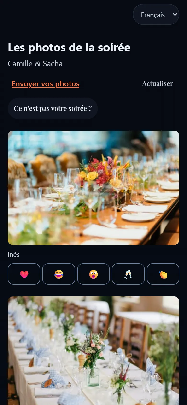 Galerie des photos de la soirée sur le téléphone d’un invité : une photo de table fleurie et des boutons de réaction.